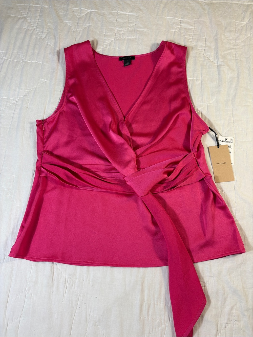 Halogen Pink Satin Sleeveless Surplice Tie-Front Blouse L NWT